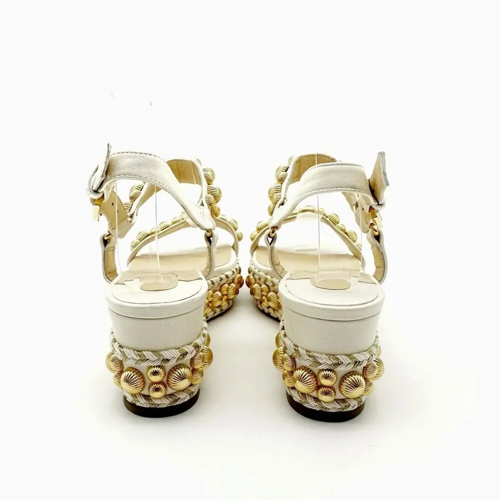 CHRISTIAN LOUBOUTIN Rondaclou Studded Chunky Wedge Heels Size 37 Sandals White